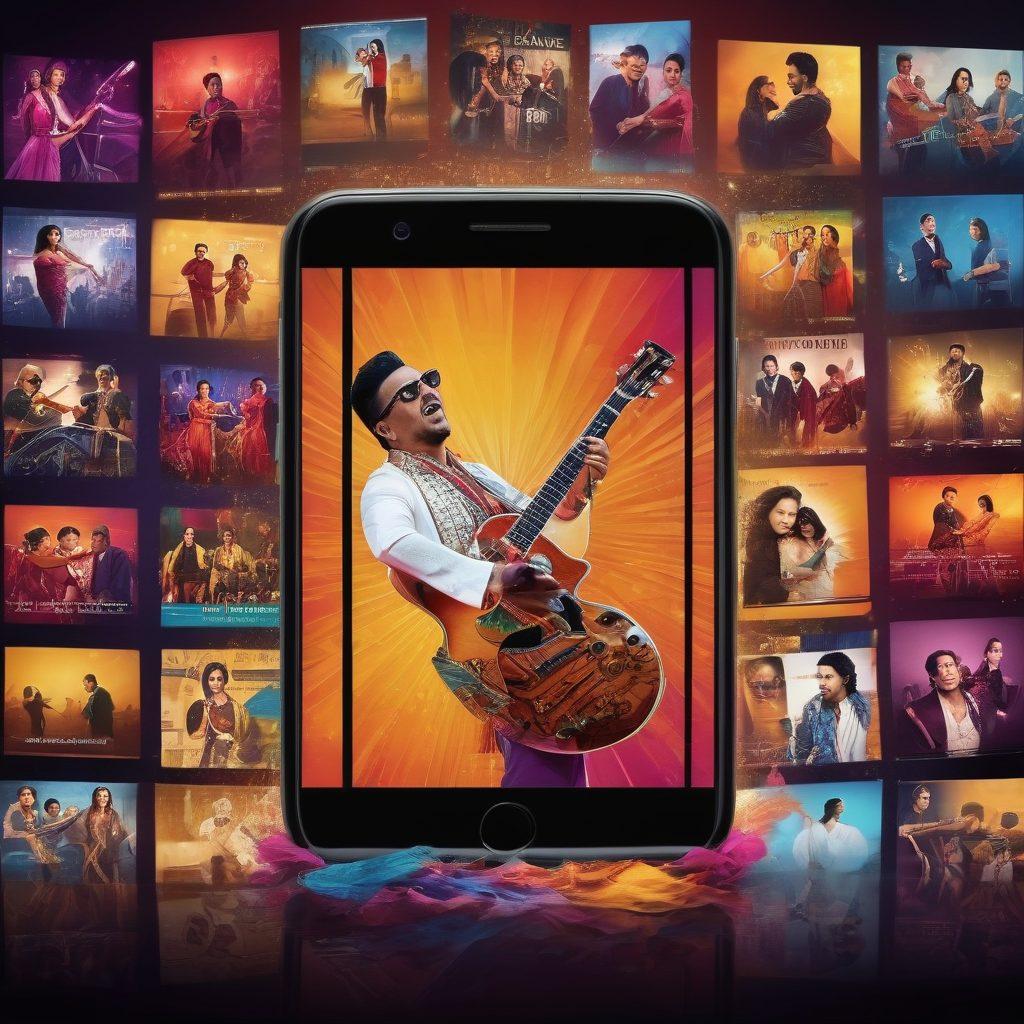 A colorful collage of iconic Latin entertainment moments, featuring vibrant scenes from live concerts, dance performances, and popular films. Include traditional instruments like guitars and maracas to encapsulate Latin culture. Showcase lively audiences enjoying pay-per-view streaming on various devices like TVs, tablets, and phones. Infuse the background with pulsing music notes and cinematic elements to emphasize the entertainment theme. super-realistic. vibrant colors. dynamic composition.