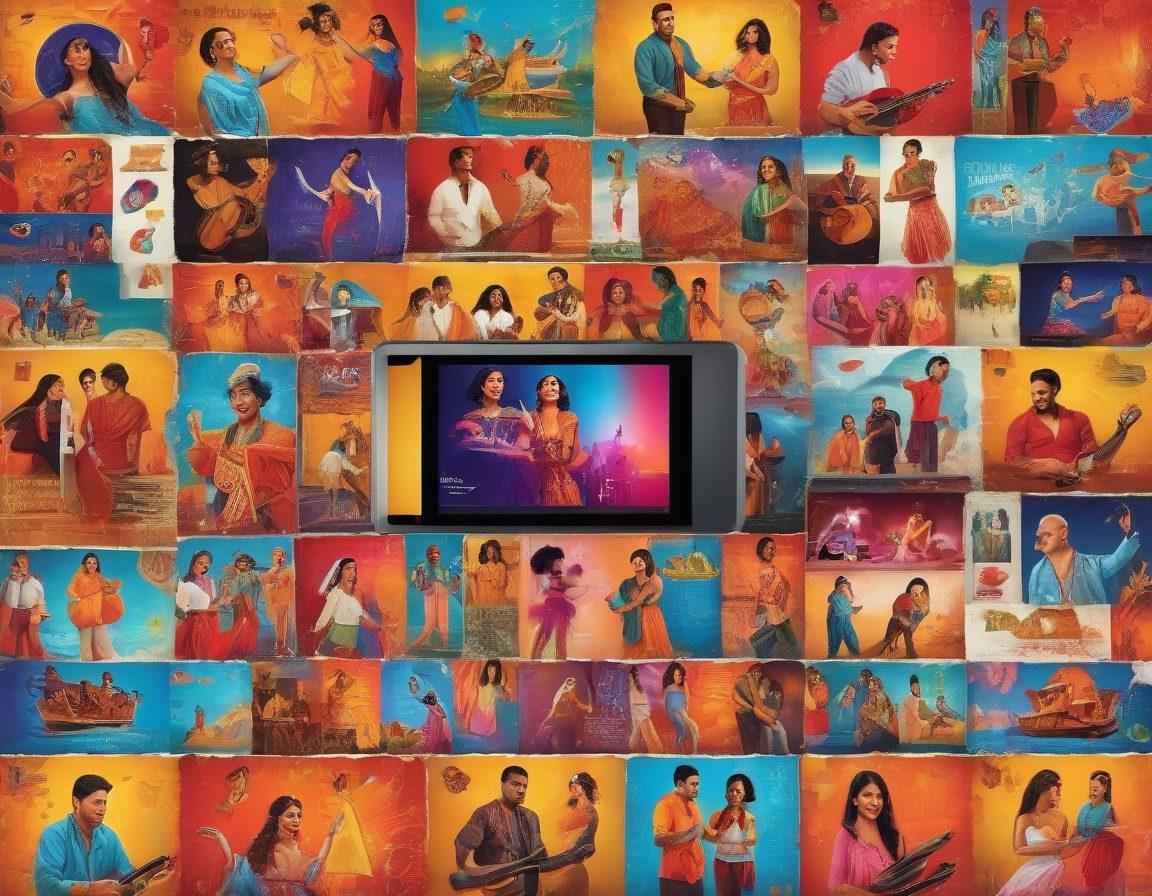 A vibrant collage showcasing various aspects of Latin entertainment in the digital age: a streaming service interface filled with movies and shows, digital devices like tablets and smartphones displaying traditional music, lively dance scenes, and colorful festivals. Include elements like bright colors, cultural symbols, and engaging visuals that represent the diversity of Latin culture. Vector art. High contrast.